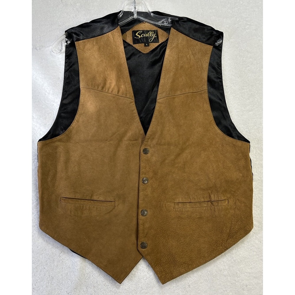 Scully Mens Size L Brown Leather Sleeveless Button Down Vest (K1)